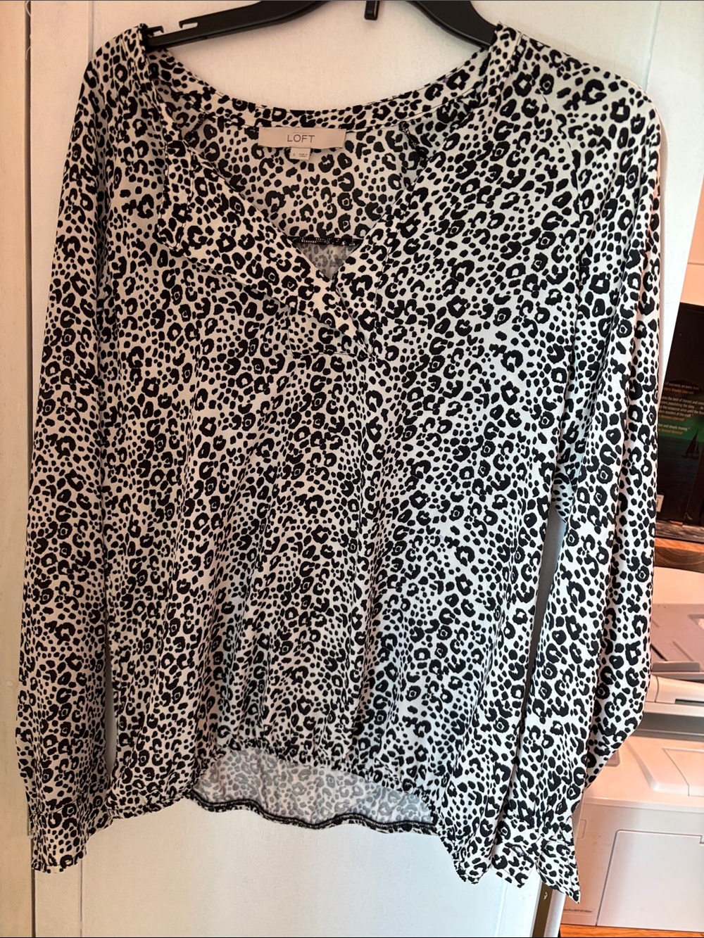 LOFT Black and White Leopard Print V-Neck Blouse